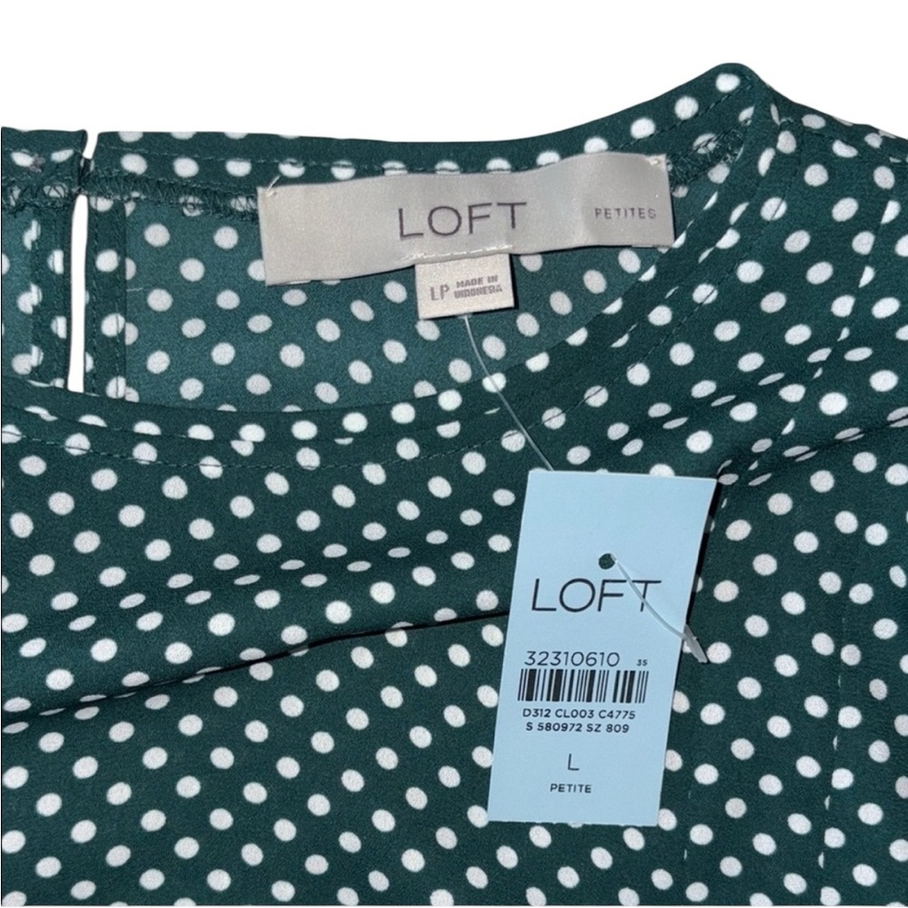 NWT Loft Green Polka Dot Long Sleeve Women's Top Blouse Size LP - Picture 3 of 5